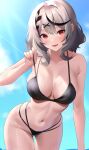  1girl absurdres armpit_crease ass_visible_through_thighs bare_arms bare_shoulders bikini black_hair blue_sky blush braid braided_bangs breasts cloud commentary_request day fang grey_hair hair_ornament highleg highleg_bikini highres hirahiragi_(h1rqg1) hololive large_breasts looking_at_viewer medium_hair multi-strapped_bikini_bottom multicolored_hair navel open_mouth outdoors red_eyes sakamata_chloe skin_fang sky smile solo stomach strap_pull streaked_hair sunlight swimsuit virtual_youtuber water_drop wet x_hair_ornament 