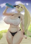  1girl absurdres alternate_breast_size alternate_costume black_panties blonde_hair blue_sky blurry blurry_background bottle breasts cleavage cloud covered_nipples curvy day depth_of_field drinking green_eyes highres holding holding_bottle huge_breasts long_hair looking_at_viewer lusamine_(pokemon) navel open_mouth outdoors panties plump pokemon pokemon_(game) pokemon_sm ponytail revealing_clothes shiny_skin sky solo sports_bikini sports_bra sportswear standing sweat thick_thighs thighs thong underwear user_phas7735 very_long_hair visor_cap water_bottle white_sports_bra wide_hips wristband 