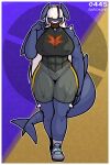  abs absurd_res anthro big_breasts breasts clothed clothing digital_media_(artwork) dragon female freepancakes garchomp generation_4_pokemon hair hi_res muscular muscular_anthro muscular_female nintendo obscured_eyes pokemon pokemon_(species) scalie sharp_teeth smile solo tail teeth white_hair 