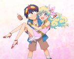  1boy 1girl armlet blonde_hair blue_eyes blue_hair blue_jacket boota_(ttgl) bracelet brown_shorts carrying dress drill flower goggles goggles_on_head hair_between_eyes hair_flower hair_ornament high_heels jacket jewelry long_hair looking_at_viewer multicolored_hair necklace nia_teppelin open_clothes open_jacket open_mouth petals pink_dress princess_carry short_hair shorts simon_(ttgl) sleeveless sleeveless_dress supinosu tengen_toppa_gurren_lagann topless_male two-tone_hair very_long_hair 