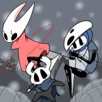  1boy 1girl 1other arm_up arthropod_boy arthropod_girl black_eyes black_skin blank_eyes blue_cape blurry blurry_background blush blush_stickers cape cloak colored_skin commentary full_body grey_background hand_up high_collar holding holding_weapon hollow_knight hornet_(hollow_knight) knight_(hollow_knight) looking_at_viewer mask mask_on_head nail_(hollow_knight) needle_(hollow_knight) outstretched_arm over_shoulder own_hands_together quirrel red_cloak sakana_2-gou standing string two-handed weapon weapon_over_shoulder 