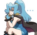  ... 1girl black_cape blue_bodysuit blue_eyes blue_gloves bodysuit breasts cape chewing clair_(pokemon) eating food gem gloves highres jewelry long_hair loveycloud messy multiple_rings pearl_(gemstone) pokemon ponytail ring sandwich simple_background stain thighs white_background 