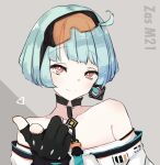  1girl ahoge aqua_necktie bare_shoulders black_choker black_gloves blue_hair blunt_bangs bob_cut character_name choker collarbone commentary earrings fingerless_gloves girls&#039;_frontline gloves goggles goggles_on_head grey_background heart highres jewelry looking_at_viewer multicolored_nails necktie off-shoulder_shirt off_shoulder orange-tinted_eyewear orange_eyes pointing pointing_at_viewer shirt short_hair smile solo tinted_eyewear two-tone_background upper_body yamasemi_(yy8023) zas_m21_(girls&#039;_frontline) 