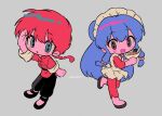  2girls artist_name black_footwear blue_eyes blush braid braided_ponytail brown_eyes chibi egg_(food) food highres menma_(enaic31) multiple_girls open_mouth ranma-chan ranma_1/2 red_hair shampoo_(ranma_1/2) simple_background 