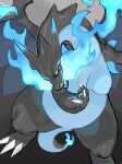  anthro black_body black_skin blue_body blue_fire blue_skin breasts claws colored_fire female fire hi_res horn kame_3 looking_at_viewer mega_charizard mega_charizard_x mega_evolution nintendo open_mouth pokemon pokemon_(species) red_eyes simple_background solo tail tail_flame toe_claws wings 