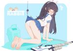  1girl absurdres all_fours animal_ears bare_legs barefoot blue_archive blue_skirt blunt_bangs bob_(pixiv49522586) clothes_lift english_text fake_animal_ears feet fishing_hook fishing_line from_side full_body gun highres legs long_hair looking_back miyu_(blue_archive) open_mouth panties pleated_skirt rabbit_ears red_eyes rifle school_uniform serafuku shadow shiny_skin shirt short_hair sidelocks skirt skirt_lift sniper_rifle soles solo thighs toes underwear weapon white_panties white_shirt 