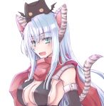  1girl animal_ears arm_belt armor armpit_peek assassin_cross_(ragnarok_online) belt black_gloves black_leotard blue_hair breasts cat_ears cat_girl cat_tail cleavage commentary_request demon deviruchi elbow_gloves gloves green_eyes hair_between_eyes koizumi_(0w05070w0) leotard long_bangs long_hair looking_at_viewer medium_breasts open_mouth pauldrons ragnarok_online red_scarf revealing_clothes scarf shoulder_armor sideboob sidelocks simple_background smile tail upper_body white_background white_belt 