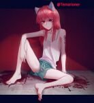  1girl absurdres animal_ears arm_tattoo bare_shoulders barefoot blood cat_ears closed_mouth collarbone commission commissioner_name flat_chest full_body highres knee_up looking_at_viewer original popopoka red_background red_eyes red_shirt shirt short_shorts shorts solo spread_legs tank_top tattoo white_shirt 