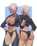  1girl absurdres angel_(kof) ass backless_pants blue_eyes bra breasts breasts_out chaps cleavage crop_top cropped_jacket fingerless_gloves gloves hair_over_one_eye highres jacket large_breasts leather leather_jacket lipstick makeup midriff navel nipples no_bra panties pants shiny_skin short_hair snk solo strapless strapless_bra tan the_king_of_fighters the_king_of_fighters_xiv toned twt4gn underwear white_hair 