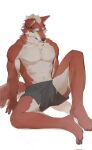  1sharkwind 2023 abs anthro athletic biceps black_nose blue_eyes bottomwear canid canine canis chest_tuft claws clothed clothing feet fur hair head_tuft hi_res looking_ahead looking_forward male mammal markings muscular muscular_anthro muscular_male neck_tuft pecs pupils red_body red_fur serratus shorts simple_background sitting slit_pupils solo tail topless torn_bottomwear torn_clothing torn_shorts tuft underwear undressed white_background white_body white_fur white_hair wolf 