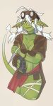  acora belly breasts choker cleavage clothed clothing eville fayshay female goblin green_body green_skin hair humanoid humanoid_pointy_ears jewelry long_hair medium_breasts necklace signature solo standing tail thick_thighs tuft white_hair yellow_sclera 