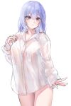  1girl absurdres blue_hair blush breasts collarbone highres idolmaster idolmaster_shiny_colors large_breasts long_sleeves looking_at_viewer naked_shirt open_collar see-through_silhouette shirt simple_background solo suzuki_hana vegabond_(tumz4458) white_background 