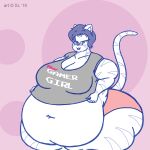  2019 anthro belly big_belly big_breasts breasts clothing copyright_symbol deep_navel digital_media_(artwork) domestic_cat english_text eyewear felid feline felis female fur ginny_(satsumalord) glasses hair mammal navel obese obese_anthro obese_female overweight overweight_anthro overweight_female panties satsumalord shirt sketch solo striped_body striped_fur stripes symbol text text_on_clothing text_on_shirt text_on_topwear tongue tongue_out topwear toyger underwear 