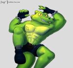  alligator alligatorid anthro bottomwear bulge clothed clothing crocodilian diam_snow footwear gloves handwear heroes_of_goo_jit_zu looking_at_viewer male reptile rockjaw scalie shoes shorts solo topless 