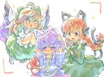  3girls :d @_@ ahoge animal_ear_fluff animal_ears black_bow bow braid cat_ears cat_tail chibi commentary_request extra_ears flying hair_bow hair_ribbon hands_up kaenbyou_rin komeiji_satori long_hair looking_at_another multiple_girls multiple_tails nekomata open_mouth purple_eyes purple_hair red_eyes red_hair reiuji_utsuho ribbon smile tail touhou tress_ribbon twin_braids two_tails very_long_hair wings yamasina009 