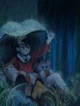  1boy 339_(yujivv) aipom backwards_hat black_hair cyndaquil ethan_(pokemon) forest frown furret grass hat holding holding_leaf jacket leaf long_sleeves male_focus nature outdoors pokemon pokemon_(game) pokemon_gsc rain red_eyes red_jacket rock shorts sitting spread_legs wet yellow_shorts 