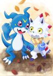  anthro autumn bandai_namco blue_body blush claws digimon digimon_(species) duo gammamon hand_holding hi_res horn male male/male red_eyes scarf veemon vfcou white_body yellow_eyes 