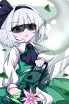  1girl :o absurdres adapted_weapon ascot black_ascot black_hairband black_ribbon border chainsaw collared_shirt flower gaosuhuancun green_eyes green_skirt green_vest grey_hair hair_ribbon hairband hands_up highres holding holding_chainsaw konpaku_youmu konpaku_youmu_(ghost) leaf light_blush light_green_background long_sleeves looking_down open_mouth puffy_sleeves ribbon safety_glasses shirt short_hair simple_background skirt skirt_set solo touhou vest white_border white_shirt white_sleeves 