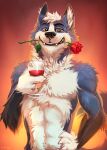  aerfen anthro arm_tuft black_nose blue_body blue_fur canid cheek_tuft chest_tuft elbow_tuft facial_tuft fangs flower flower_in_mouth front_view fur glistening glistening_eyes grin hair half-length_portrait hand_on_hip hi_res holding_wine_glass looking_at_viewer male mammal narrowed_eyes neck_tuft orange_eyes plant portrait red_flower rose_(flower) rose_in_mouth short_hair shoru simple_background smile solo teeth tuft white_body white_fur white_hair yookie 