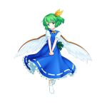  1girl blue_skirt blue_vest closed_mouth daiyousei embodiment_of_scarlet_devil fairy_wings full_body game_cg green_eyes green_hair hair_ribbon highres looking_at_viewer one_side_up own_hands_together ribbon ribbon-trimmed_skirt ribbon_trim rotte_(1109) shirt short_sleeves simple_background skirt smile socks solo third-party_source touhou touhou_lost_word v_arms vest white_background white_shirt white_socks white_wings wings yellow_ribbon 