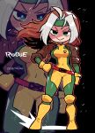  1girl absurdres animification belt black_background bodysuit bodysuit_under_clothes boots breasts brown_hair character_name coat covered_navel full_body gloves green_eyes hand_on_own_hip headband highres large_breasts marvel multicolored_hair rariatto_(ganguri) rogue_(x-men) smile solo thighhighs trench_coat twitter_username white_hair x-men zoom_layer 
