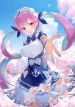  1girl absurdres anchor_symbol blue_bow blue_sky blurry blurry_background bow breasts cherry_blossoms cloud colored_inner_hair dress frilled_dress frills hair_bow highres hololive maid maid_headdress minato_aqua multicolored_hair open_mouth outstretched_hand purple_eyes purple_hair sky streaked_hair twintails two-tone_dress virtual_youtuber white_bow zen_(lemon_yellow) 