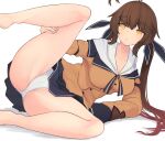  1girl antenna_hair b6 blue_ribbon blue_skirt breasts brown_hair brown_jacket cameltoe cleavage closed_mouth collarbone collared_shirt commentary commentary_request girls&#039;_frontline hair_ribbon highres holding_leg jacket long_hair long_sleeves lying m14_(girls&#039;_frontline) multicolored_hair off_shoulder on_side panties pantyshot pleated_skirt red_hair ribbon shirt simple_background skirt solo spread_legs twintails two-tone_hair underwear white_background white_panties white_shirt yellow_eyes 