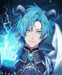  1boy armor blue_hair closed_mouth cryokinesis dark_background demon_horns english_commentary facing_viewer feather_hair_ornament feathers green_eyes hair_ornament highres holostars holostars_english horns light_particles looking_at_viewer magic male_focus portrait regis_altare shin_diena short_hair slit_pupils smile solo virtual_youtuber 