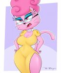  anthro big_breasts breasts cleavage clothed clothing cross-popping_vein domestic_cat dress eyewear felid feline felis female glasses hands_on_hips hi_res mammal nickelodeon open_mouth simple_background sirredbenjamin solo the_fairly_oddparents wanda_(fop) wide_hips 