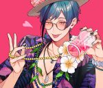  1boy abs bead_necklace beads cup drink flower flower_necklace floyd_leech fune_(user_kujn8834) glasses green_hair hat hawaiian_shirt heart highres holding holding_cup jewelry lei male_focus multicolored_hair nail_polish necklace open_clothes open_shirt pink-tinted_eyewear pink_background shirt solo straw_hat streaked_hair tinted_eyewear tongue twisted_wonderland 