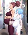  2girls bag big_belly blue_eyes blue_hair blurry blurry_background breasts brown_hair covered_nipples creature_inside daisy_(fellatrix) depth_of_field dress earrings english_text fellatrix hairband highres holding holding_bag hoop_earrings jewelry medium_breasts multiple_girls original outdoors ponytail pregnant speech_bubble standing white_dress 