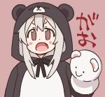  1girl :o animal_hood bear_hood blush_stickers brown_eyes c: commentary_request dot_nose fang gao hair_between_eyes hand_puppet hood hood_up looking_at_viewer nekotoufu official_art onii-chan_wa_oshimai! oyama_mahiro pink_background puppet sidelocks simple_background smile solo upper_body white_hair 