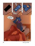  absurd_res bed blue_body blue_fur canid canine canis clothed clothing comic fur furniture hi_res male mammal oliver_(wolfynaked) phone pillow solo teenager text wolf wolfynaked young 