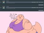  2018 4:3 5_fingers anthro ask_blog batspid2 big_breasts bottomwear breasts cleavage clothed clothing crop_top dialogue digital_drawing_(artwork) digital_media_(artwork) english_text eyebrows eyelashes eyes_closed female fingers flabby_arms flat_colors frill_(anatomy) head_crest head_frill huge_breasts juna_(batspid2) lizard membrane_(anatomy) membranous_frill obese obese_anthro obese_female open_mouth overweight overweight_anthro overweight_female pink_background pink_body pink_skin purple_clothing reptile scalie shirt simple_background smile solo tail text topwear 