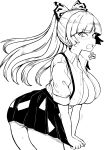  1girl absurdres alternate_costume anger_vein ass blunt_bangs blush bow breasts cleavage commentary_request from_side fujiwara_no_mokou hair_bow high_contrast highres himajin_noizu large_breasts long_hair looking_at_viewer monochrome ofuda ofuda_on_clothes open_clothes open_mouth open_shirt panties pantyshot pleated_skirt ponyail shirt simple_background skirt solo suspenders touhou underwear white_shirt 