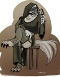  anthro armband armwear barefoot black_claws black_nose black_pupils black_sclera canid canine canis chair claws clothed clothing crossdressing death_(puss_in_boots) dreamworks facial_markings feet fluffy fluffy_tail fur furniture grey_body grey_fur grin head_markings hi_res holding_object in_mouth jacqui_clk looking_at_viewer male mammal markings mask_(marking) no_shoes nun nun_outfit pose pupils puss_in_boots_(film) puss_in_boots_the_last_wish red_eyes sharp_claws sharp_teeth signature simple_background sitting smile smirk solo string tail teeth whip white_body white_fur white_pupils wolf 