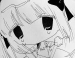  1girl chemical_structure close-up crying crying_with_eyes_open greyscale hair_ribbon highres looking_at_viewer monochrome no_mouth no_nose original paracetamol portrait ribbon solanax_(10_slnx) solo tears traditional_media twintails 