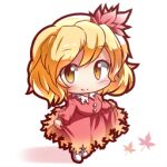  1girl aki_shizuha blonde_hair blush chibi closed_mouth commentary_request dress hair_ornament leaf leaf_hair_ornament leaf_on_head long_sleeves lowres maple_leaf orange_dress ryogo skirt_hold smile socks solo touhou wavy_hair white_socks yellow_eyes 