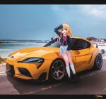  1girl beach blue_jacket bow brown_footwear car cloud collared_shirt commission grey_skirt highres hoshino_ruby jacket letterboxed motor_vehicle nougat_(73r1r1) ocean on_vehicle oshi_no_ko purple_eyes red_bow road shirt signature sitting skirt sky smile socks solo spoiler_(automobile) toyota toyota_supra toyota_supra_mk_v v vehicle_focus white_shirt white_socks 