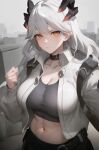  1girl abs ai-generated arknights black_choker black_pants breasts choker cleavage dragon_girl dragon_horns grey_hair grey_tank_top hair_between_eyes highres horns jacket large_breasts long_hair long_sleeves looking_at_viewer muscular orange_eyes pants saria_(arknights) solo tank_top white_hair 