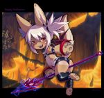  1girl absurdres animal_ears ass black_thighhighs brown_fur bune_poster cosplay demon_wings disgaea earrings electricity etna_(disgaea) etna_(disgaea)_(cosplay) furry furry_female happy_halloween highres holding holding_polearm holding_weapon jewelry made_in_abyss makai_senki_disgaea mini_wings molten_rock nanachi_(made_in_abyss) polearm red_eyes red_wings revealing_clothes skull_earrings solo thighhighs twintails weapon white_hair wings 
