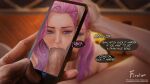  1boy 1girl artist_name blurry blurry_background blush cellphone cellphone_picture english_text facial_mark fellatio firolian half-closed_eyes hetero highres holding holding_phone league_of_legends long_hair oral penis phone pink_eyes pink_hair pov pov_hands recording seraphine_(league_of_legends) smartphone speech_bubble star_sticker uncensored web_address 