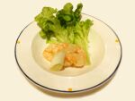  absurdres bcd food food_focus highres no_humans original photorealistic plate realistic shadow shrimp simple_background still_life vegetable white_background 