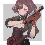  1girl anya_melfissa belt belt_pouch black_gemstone blonde_hair breasts brown_belt brown_gloves brown_hair collar commentary corset english_commentary frilled_collar frilled_sleeves frills futomoy gloves green_shirt grey_background gun handgun highres holding holding_gun holding_weapon hololive hololive_indonesia leather leather_gloves looking_at_viewer mixed-language_commentary multicolored_hair official_alternate_costume parted_lips pouch puffy_short_sleeves puffy_sleeves purple_eyes shirt short_hair short_sleeves simple_background small_breasts solo streaked_hair two-tone_hair underbust upper_body virtual_youtuber weapon 