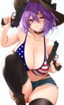  1girl american_flag american_flag_print bikini blush boots breasts character_request choker cleavage collarbone cowboy_hat cowboy_western denim denim_shorts flag_print gun hat highres holding holding_gun holding_weapon large_breasts looking_at_viewer navel purple_eyes purple_hair short_hair shorts smile solo swimsuit thighhighs uzura_kazuhisa weapon 