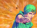  2boys concentric_circles foreshortening hat highres hood hoodie horseshoe_ornament johnny_joestar jojo_no_kimyou_na_bouken keiimajima02 lips male_focus multiple_boys outstretched_hand realistic red_eyes red_hair sleeveless star_(symbol) steel_ball_run tusk_act2 