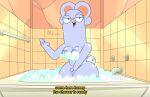  absurd_res bathroom big_ears blue_body blue_fur breasts clothed clothing dialogue disney female fur half-closed_eyes hi_res kiff_(series) lagomorph leporid mammal mature_female mr_valentine00 narrowed_eyes open_mouth partially_clothed rabbit shower soap soap_bubbles solo tail talking_to_viewer text thick_thighs water 