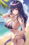  1girl absurdres ass beach bikini blush braid braided_ponytail breasts cleavage closed_mouth collarbone day from_side genshin_impact hair_ornament hand_in_own_hair highres jinsoulsan long_hair looking_at_viewer looking_to_the_side mole mole_under_eye outdoors purple_bikini purple_eyes purple_hair raiden_shogun side-tie_bikini_bottom solo swimsuit underboob water wet 