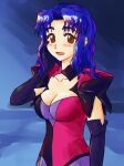  1girl :d blue_background blue_hair breasts brown_eyes brown_pupils cleavage collarbone elbow_gloves excel_saga eyelashes gloves hair_intakes hand_on_own_face hand_up highres hyatt long_hair looking_at_viewer medium_breasts open_mouth smile solo wavy_hair zawabug 