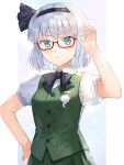  1girl absurdres adjusting_eyewear aqua_eyes asuka_shirou bespectacled black_bow black_bowtie black_hairband black_ribbon bob_cut bow bowtie collared_shirt commentary glasses green_vest grey_hair hair_bow hair_ribbon hairband hand_on_own_hip highres konpaku_youmu looking_at_viewer outside_border parted_lips puffy_short_sleeves puffy_sleeves red-framed_eyewear ribbon semi-rimless_eyewear shirt short_hair short_sleeves solo touhou under-rim_eyewear upper_body vest white_hair white_shirt 